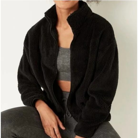 Victoria's Secret Pink Black Sherpa Full Zip Teddy Fleece Jacket Size L Cozy - Picture 1 of 14